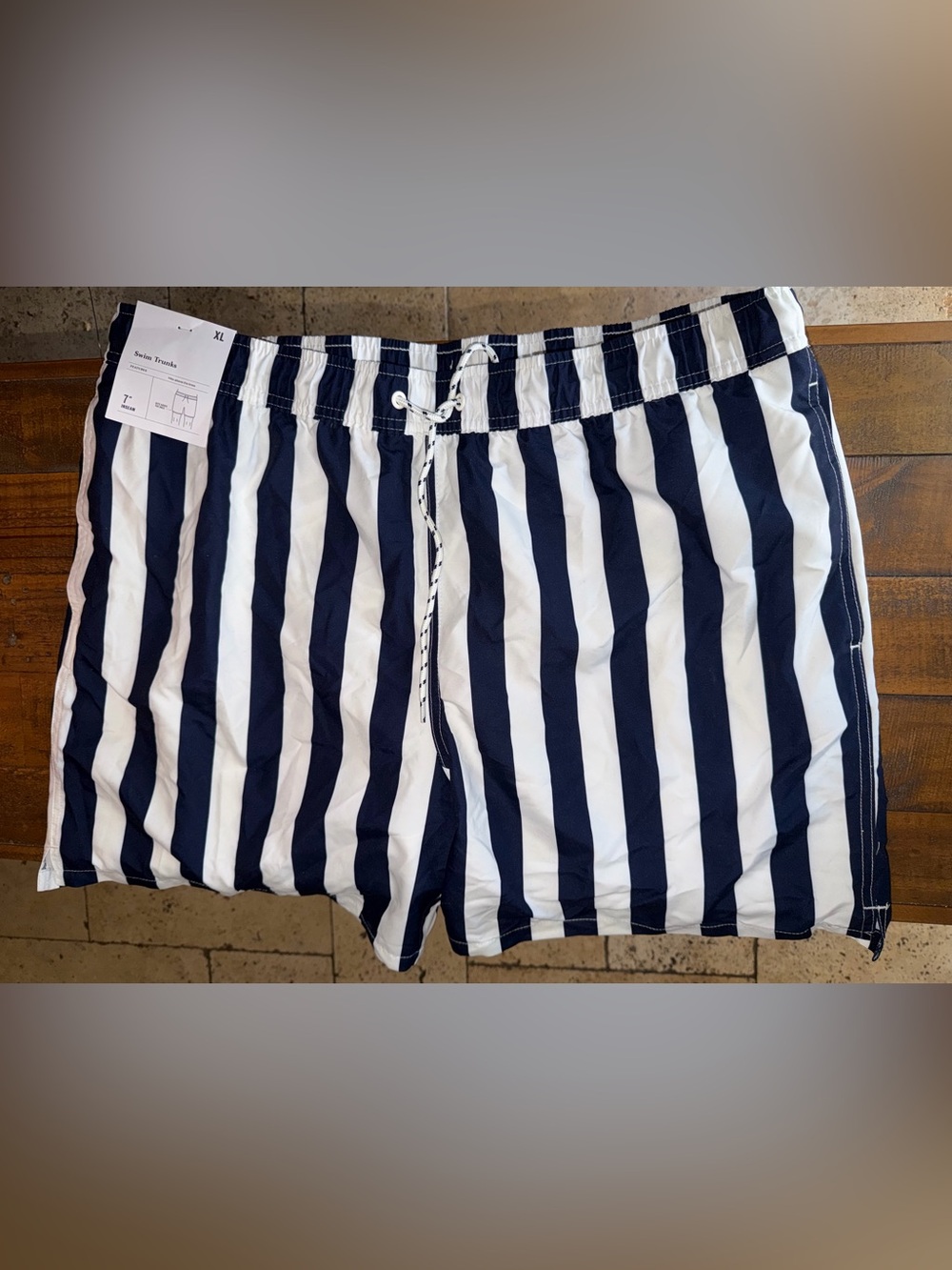 Target Men’s Navy and White Vertical Stripe Swim Trunks